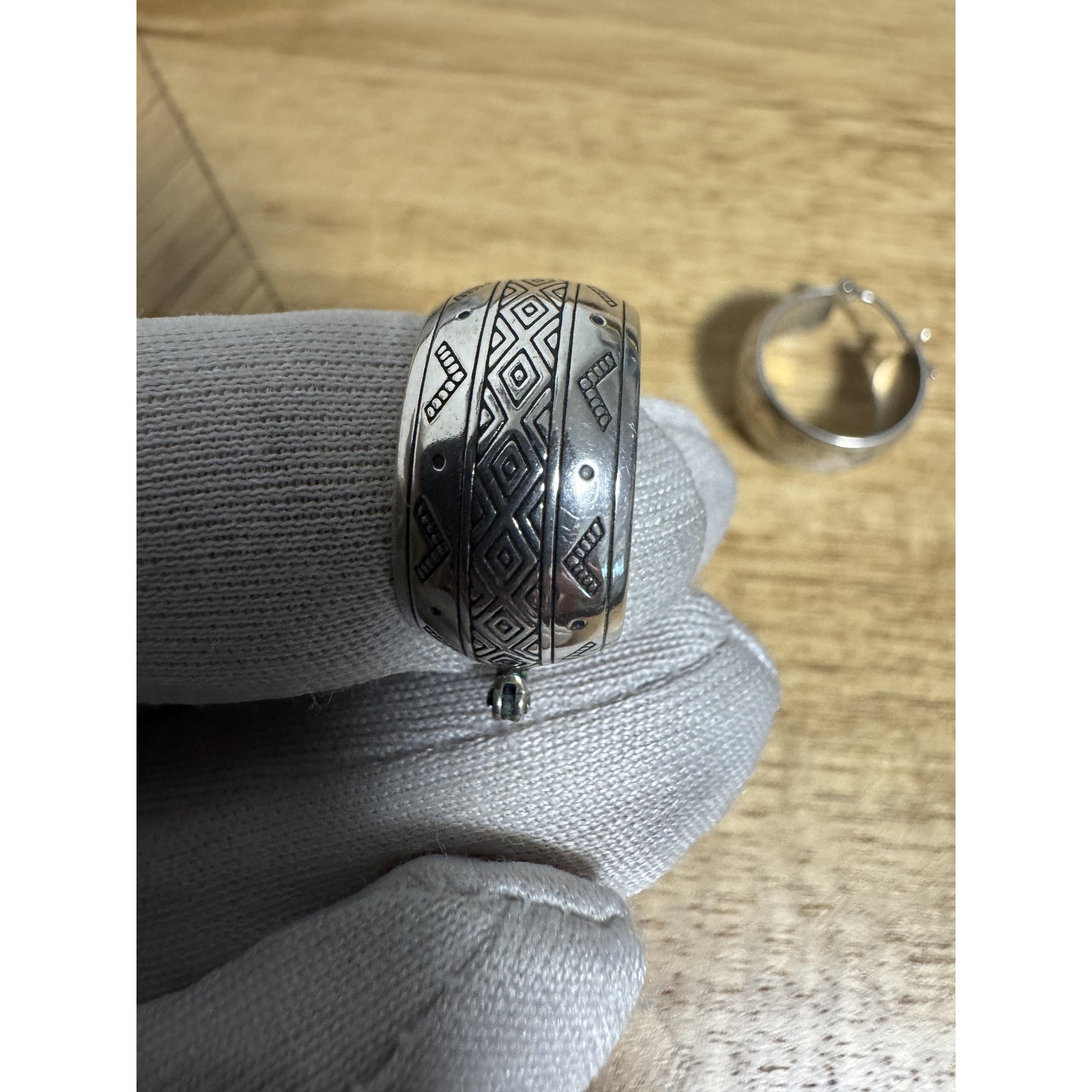 Sterling Silver 925 Wide Hoop Earrings Etched Geometric Latch Back Chunky 6g